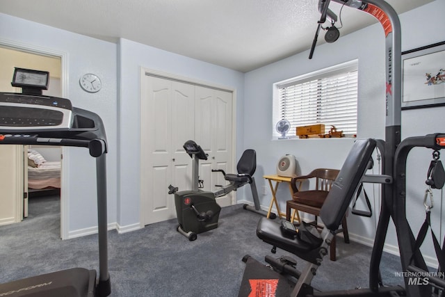 workout room featuring baseboards, a textured ceiling, and carpet flooring