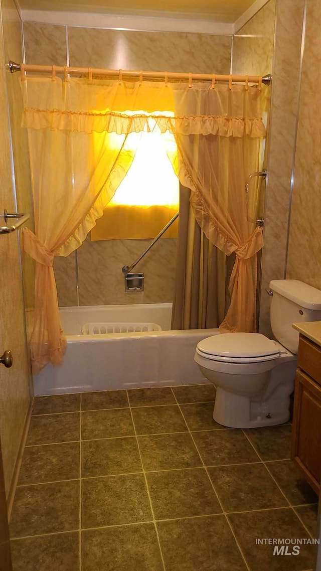 full bathroom with vanity, toilet, tile patterned floors, and shower / bathtub combination with curtain