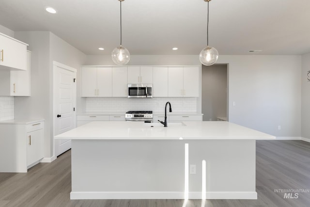 kitchen featuring light countertops, appliances with stainless steel finishes, light wood-style flooring, and a sink
