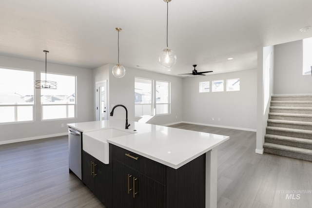 kitchen featuring a sink, stainless steel dishwasher, baseboards, and light wood finished floors