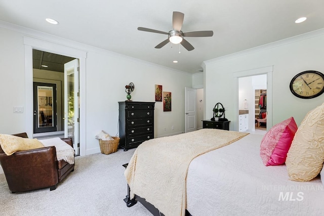 1833 N Monterossa, Eagle, ID 83616 - bedroom with crown molding, ensuite bath, light carpet, recessed lighting, and a ceiling fan