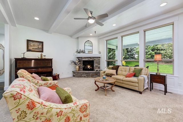 1833 N Monterossa, Eagle, ID 83616 - living area featuring carpet flooring, beam ceiling, recessed lighting, baseboards, and a stone fireplace
