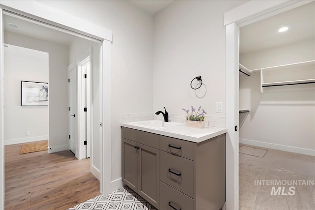 819 Cedar Point Way, Nampa, ID 83686 - bathroom with baseboards, vanity, wood finished floors, and a spacious closet