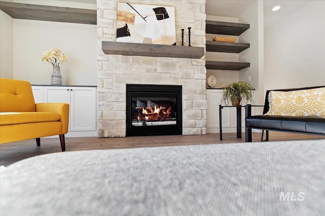 819 Cedar Point Way, Nampa, ID 83686 - living room with wood finished floors, a stone fireplace, and recessed lighting