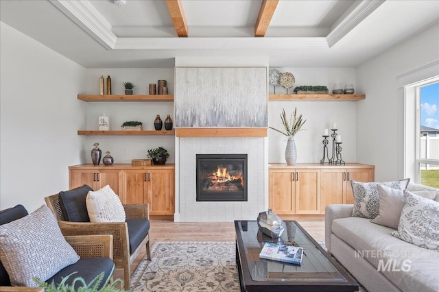 living room featuring a fireplace, ornamental molding, plenty of natural light, and light hardwood / wood-style flooring