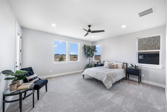 bedroom with recessed lighting, carpet, visible vents, and baseboards