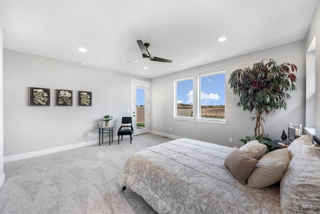 bedroom with recessed lighting, carpet flooring, a ceiling fan, access to exterior, and baseboards