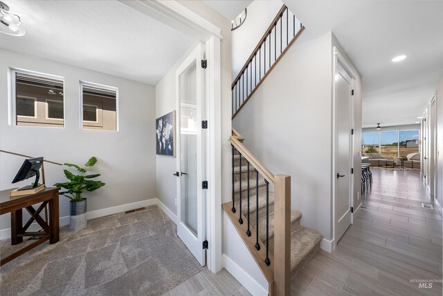 stairway with carpet floors