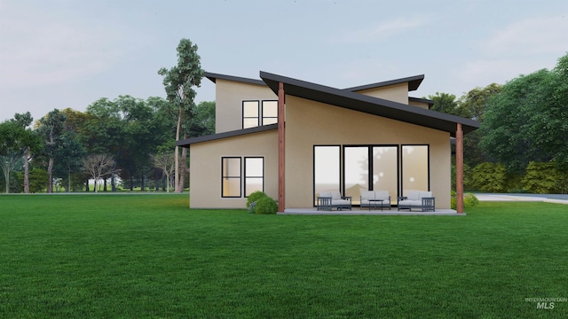 rear view of house featuring an outdoor hangout area, a lawn, and a patio