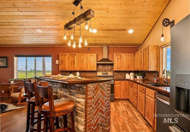 kitchen featuring wall chimney exhaust hood, appliances with stainless steel finishes, wooden ceiling, a sink, and dark countertops