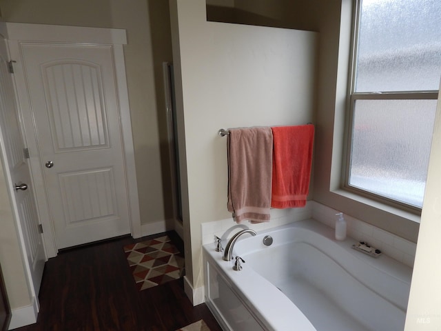 bathroom featuring a washtub, hardwood / wood-style floors, and a wealth of natural light