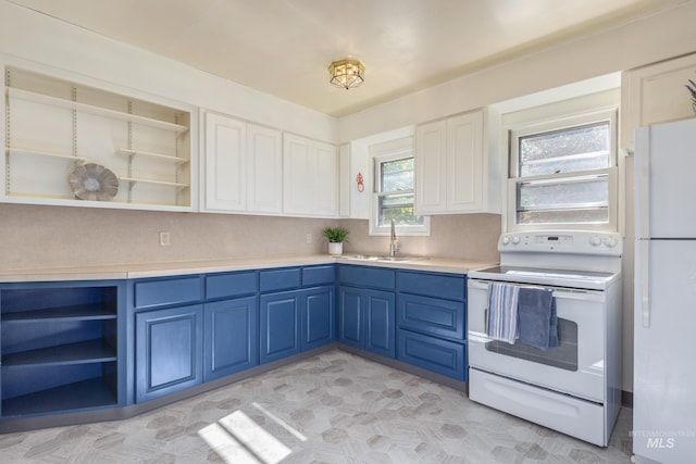 4224 W Clinton St, Boise, ID 83706 - kitchen featuring white appliances, a sink, open shelves, blue cabinets, and white cabinets