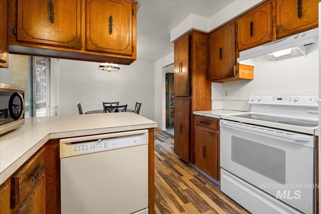 kitchen featuring dark wood-type flooring and white appliances