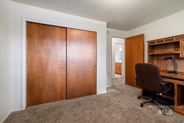 office featuring carpet flooring and a textured ceiling