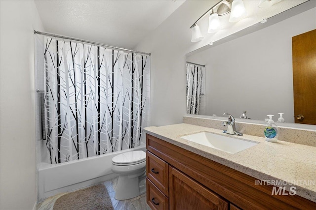 full bathroom with shower / bath combo, toilet, vanity, and tile patterned flooring