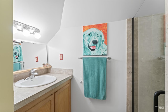 1416 N 13th St, Boise, ID 83702 - full bathroom featuring vanity, vaulted ceiling, and a shower stall