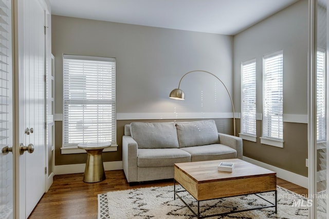 living room featuring dark wood-type flooring