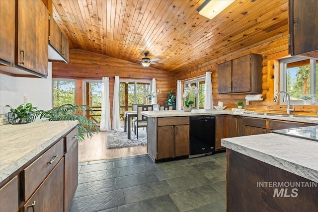 9 Elderberry Cir, Idaho City, ID 83631 - kitchen featuring wood ceiling, a sink, light countertops, black dishwasher, and lofted ceiling