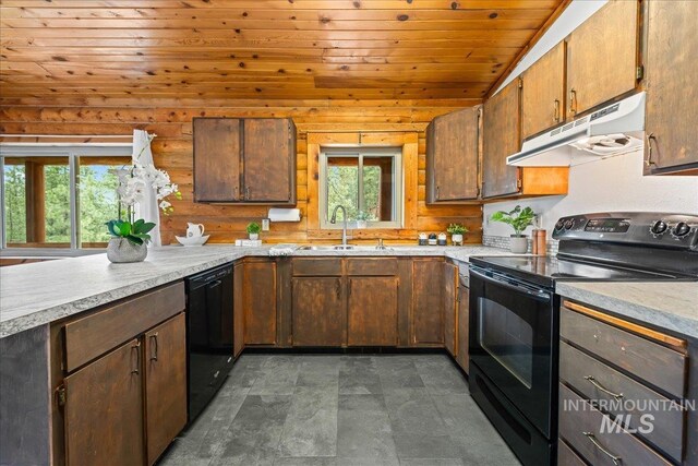 9 Elderberry Cir, Idaho City, ID 83631 - kitchen with black appliances, under cabinet range hood, a sink, wood ceiling, and light countertops