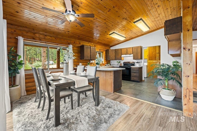 9 Elderberry Cir, Idaho City, ID 83631 - dining space with lofted ceiling, a ceiling fan, wood ceiling, and wood finished floors
