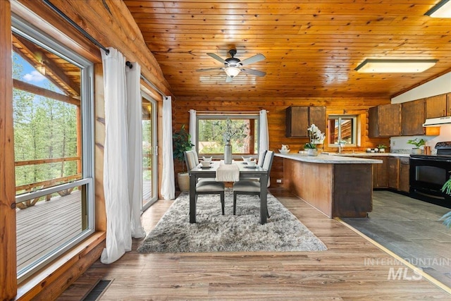 9 Elderberry Cir, Idaho City, ID 83631 - dining area featuring vaulted ceiling, wooden ceiling, ceiling fan, and light wood finished floors