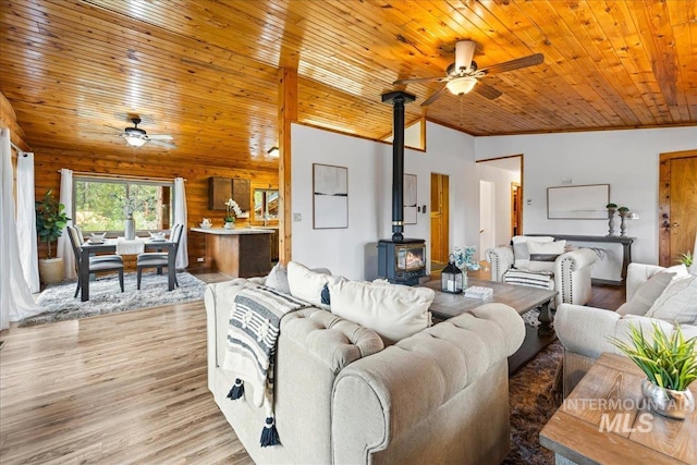 9 Elderberry Cir, Idaho City, ID 83631 - living area featuring a wood stove, a ceiling fan, light wood-style flooring, and wood ceiling