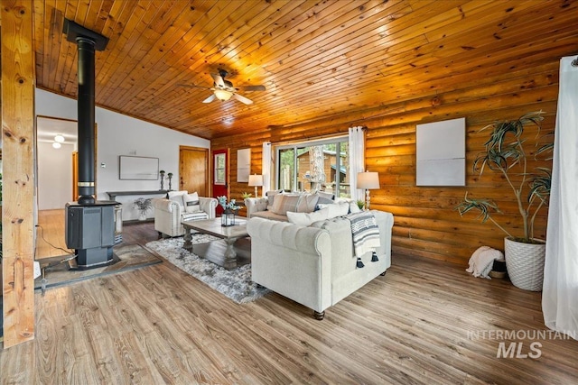 9 Elderberry Cir, Idaho City, ID 83631 - living area featuring a wood stove, a ceiling fan, wood finished floors, wooden ceiling, and lofted ceiling