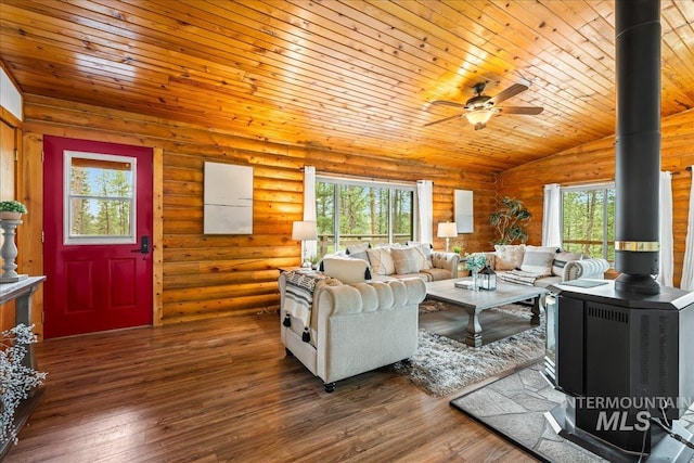 9 Elderberry Cir, Idaho City, ID 83631 - living area featuring a wood stove, lofted ceiling, ceiling fan, wood ceiling, and wood finished floors