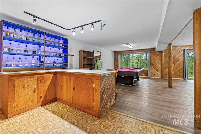 9 Elderberry Cir, Idaho City, ID 83631 - bar area featuring billiards table, rail lighting, wooden walls, and light wood-style floors