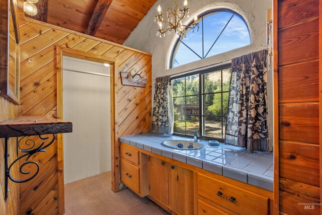 bonus room featuring ceiling fan, carpet floors, wooden ceiling, and wooden walls