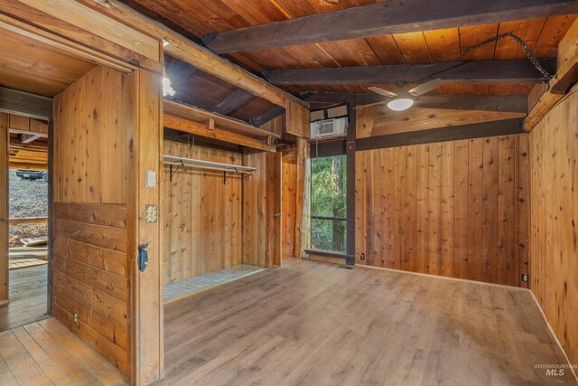 bathroom featuring toilet, vanity, wood walls, wooden ceiling, and hardwood / wood-style flooring