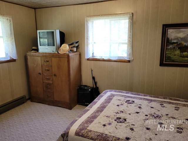 607/611 S Main St, Cascade, ID 83611 - carpeted bedroom with wooden walls and a baseboard radiator