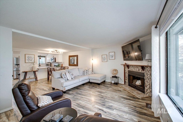 3017 S Windstream Ln, Boise, ID 83706 - living room featuring light wood-style flooring, healthy amount of natural light, a fireplace, and baseboards