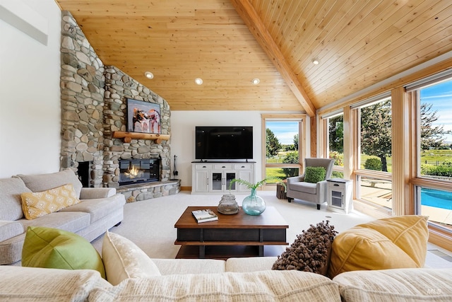 3586 N Croft Way, Eagle, ID 83616 - living area with wood ceiling, vaulted ceiling, carpet, and a stone fireplace