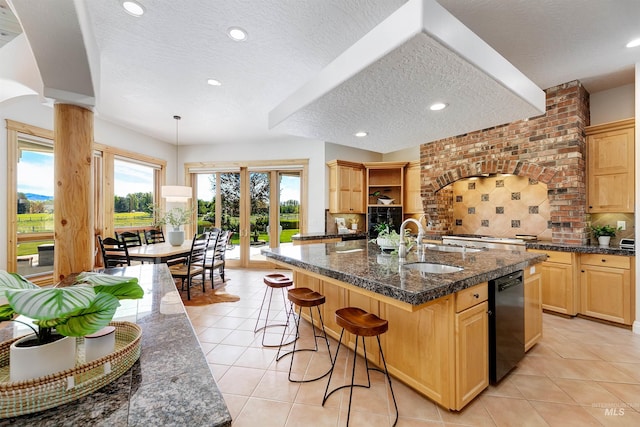 3586 N Croft Way, Eagle, ID 83616 - kitchen with a textured ceiling, a sink, open shelves, light brown cabinetry, and decorative backsplash