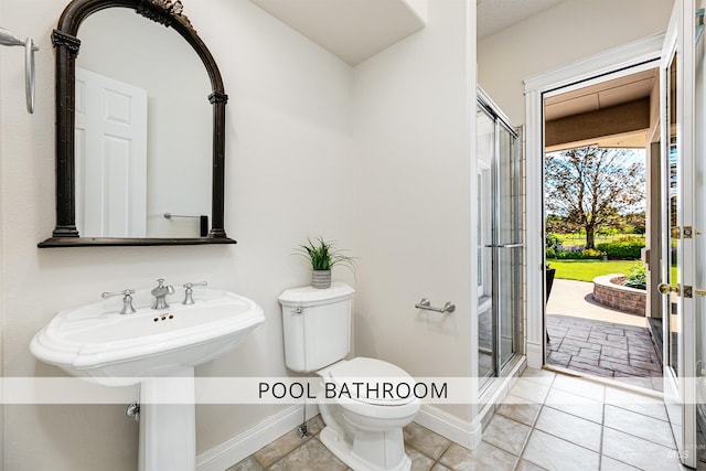 3586 N Croft Way, Eagle, ID 83616 - bathroom featuring toilet, a shower stall, tile patterned floors, baseboards, and french doors