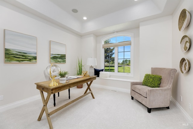 3586 N Croft Way, Eagle, ID 83616 - home office with light carpet, a tray ceiling, baseboards, and recessed lighting