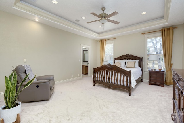 bedroom featuring a raised ceiling, recessed lighting, baseboards, light colored carpet, and ceiling fan