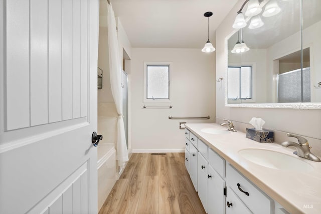 bathroom featuring double vanity, wood finished floors, a sink, and a shower with curtain