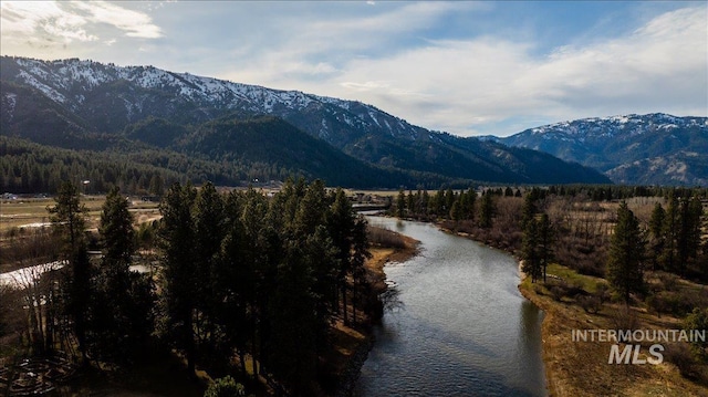 view of mountain feature featuring a water view and a view of trees