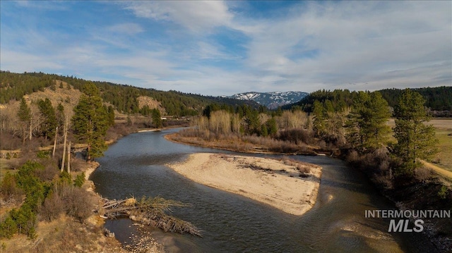 water view featuring a forest view and a mountain view