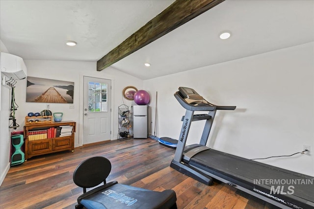 22969 Bumble Bee, Middleton, ID 83644 - exercise area featuring wood finished floors, vaulted ceiling, a wall mounted AC, recessed lighting, and baseboards