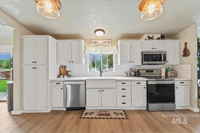 22969 Bumble Bee, Middleton, ID 83644 - kitchen with appliances with stainless steel finishes, light wood-style flooring, light countertops, and a textured ceiling