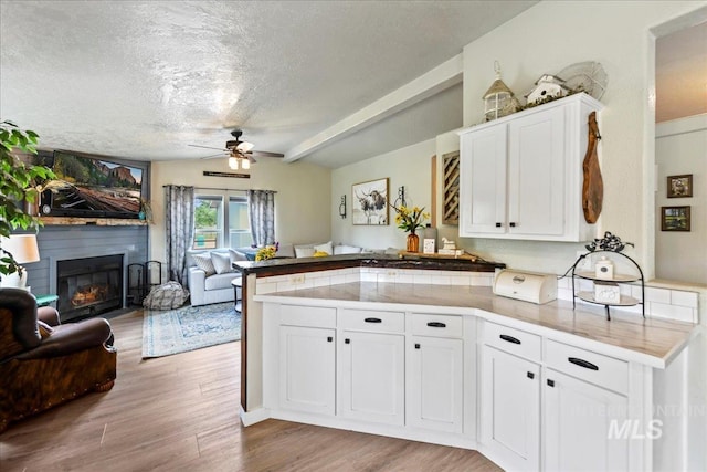 22969 Bumble Bee, Middleton, ID 83644 - kitchen featuring a peninsula, open floor plan, a textured ceiling, ceiling fan, and light wood finished floors
