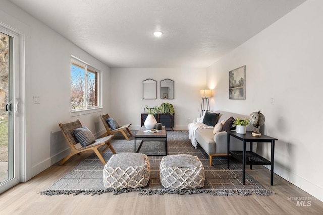 living area featuring baseboards and wood finished floors