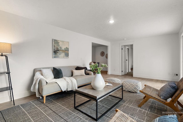 living room with baseboards and wood finished floors