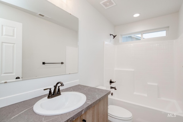 full bath with shower / bathing tub combination, visible vents, toilet, and vanity