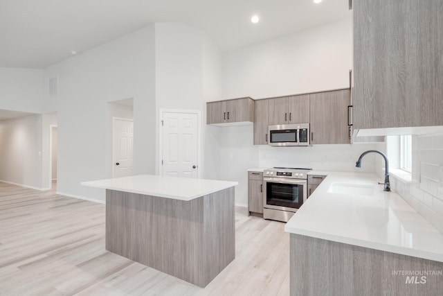 kitchen featuring a sink, light countertops, appliances with stainless steel finishes, high vaulted ceiling, and modern cabinets