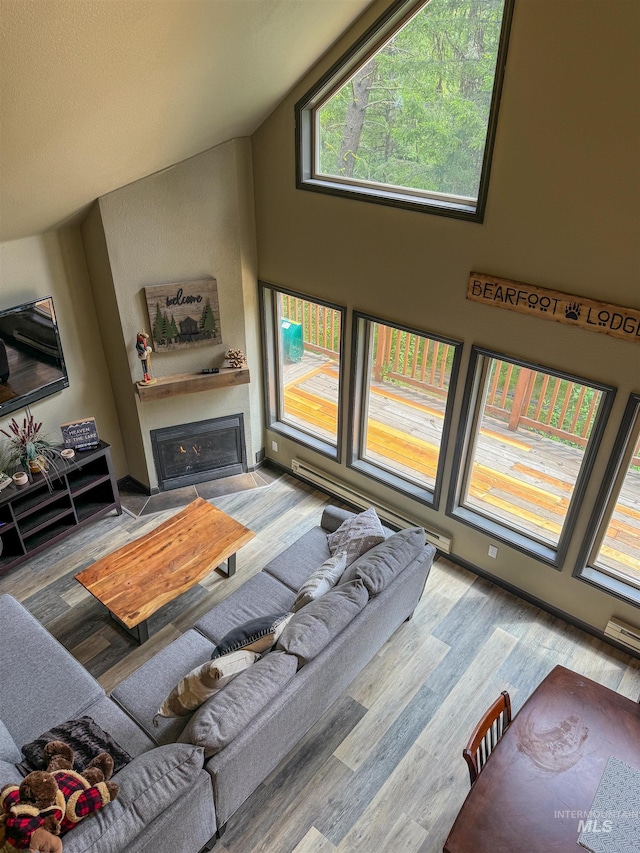 living room featuring hardwood / wood-style floors and high vaulted ceiling