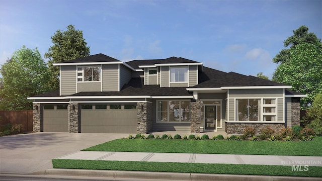 7755 W Flathead Lake St, Eagle, ID 83616 - prairie-style house with stone siding, an attached garage, and concrete driveway